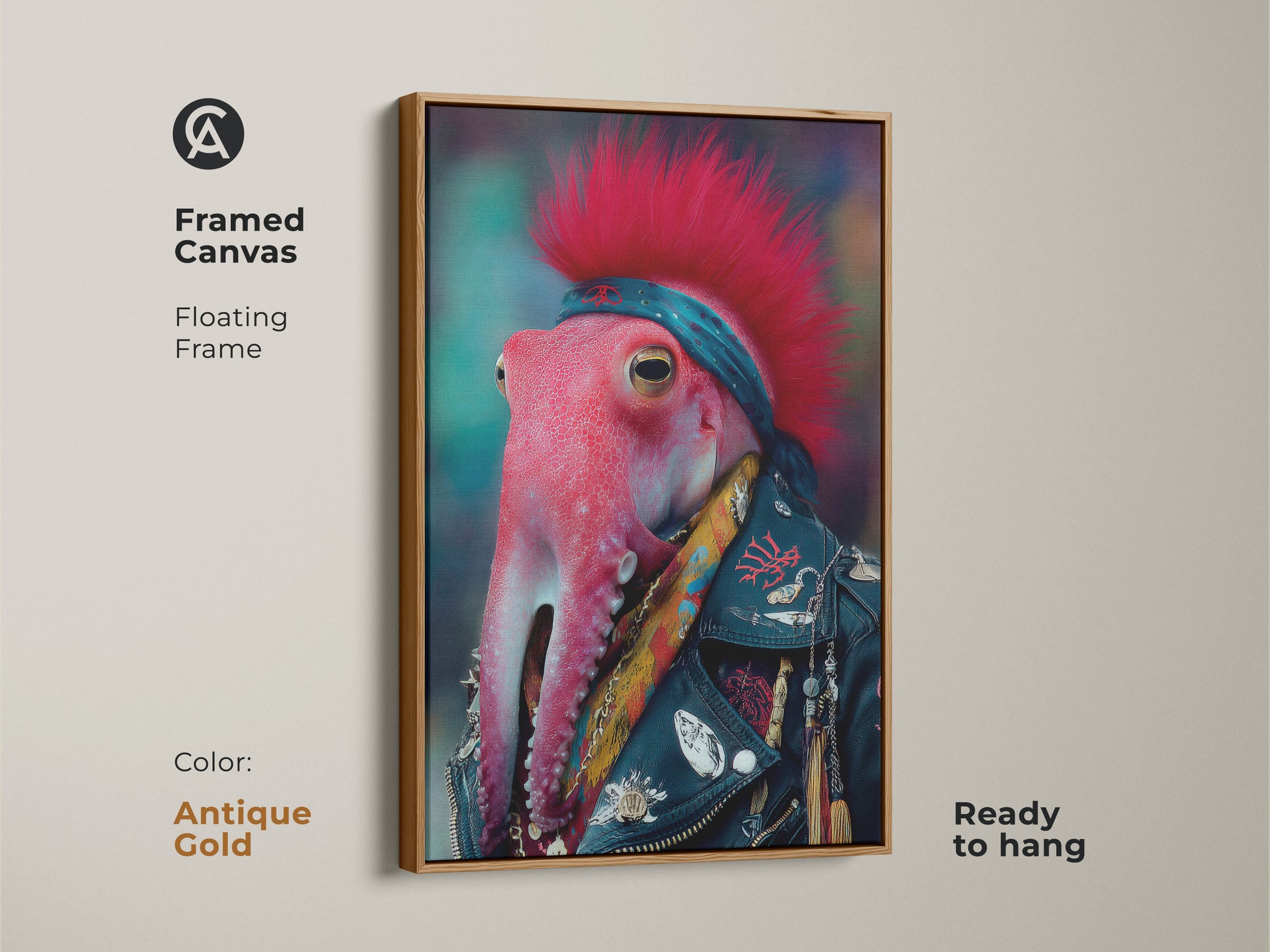 Framed Canvas in Antique Gold Featuring a Punk Rocker Octopus. Ready to hang this surreal animal artwork enhances any wall. Perfect eclectic wall decor for music enthusiasts.