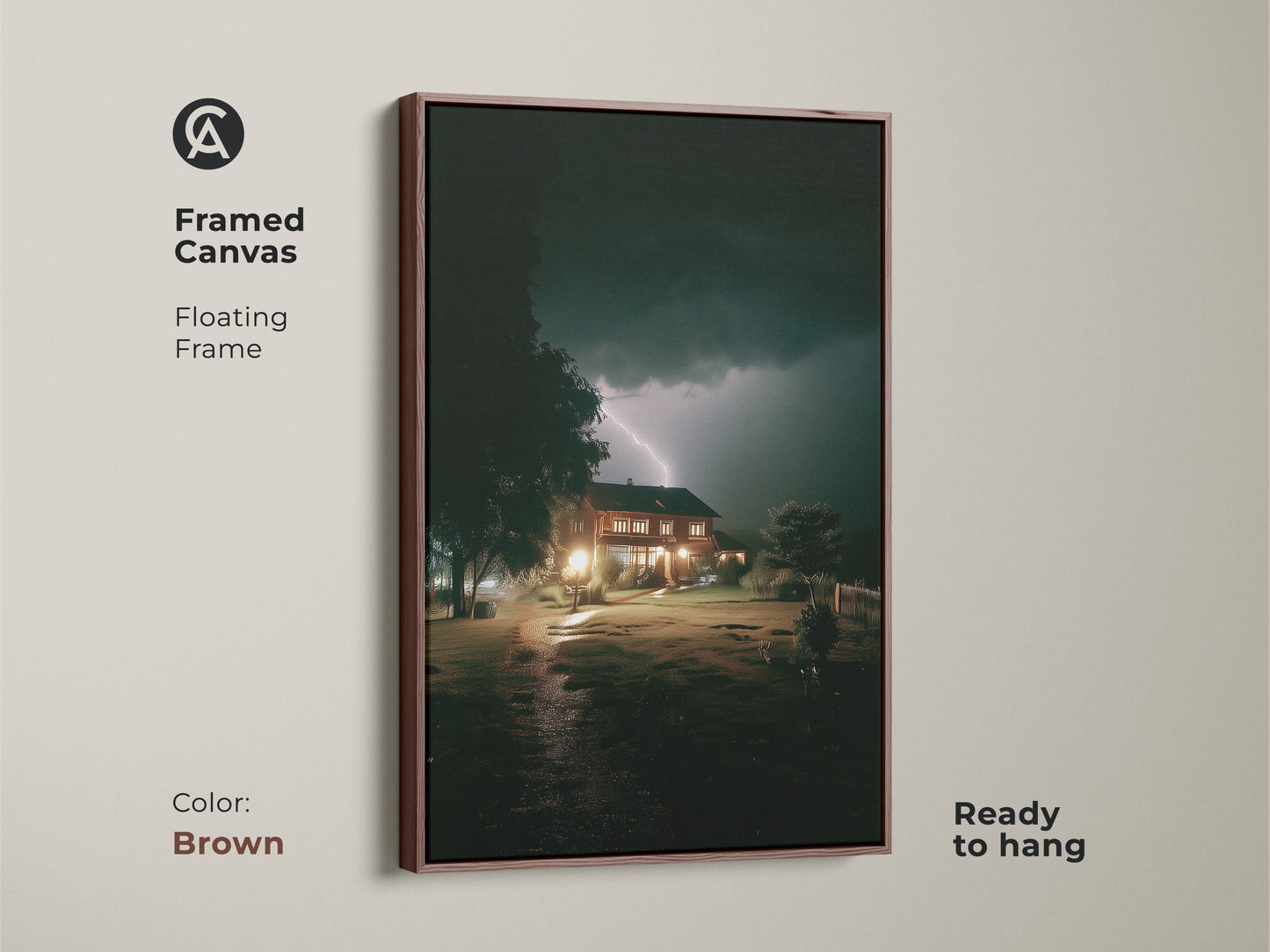 This framed canvas print in brown displays a house illuminated by a dramatic lightning strike. This atmospheric nature artwork is ready to hang. The dark blue and yellow palette makes it a unique piece of residential wall art. Ideal as a homeowner gift.