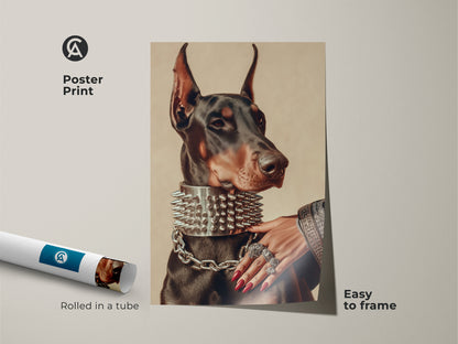 This poster print showcases gothic canine artwork of a Doberman with a spiked collar. The Doberman artwork is rolled in a tube for easy framing. The black tan brown pet artwork is perfect for any dog lover's home decor. It adds an edgy touch to any space.