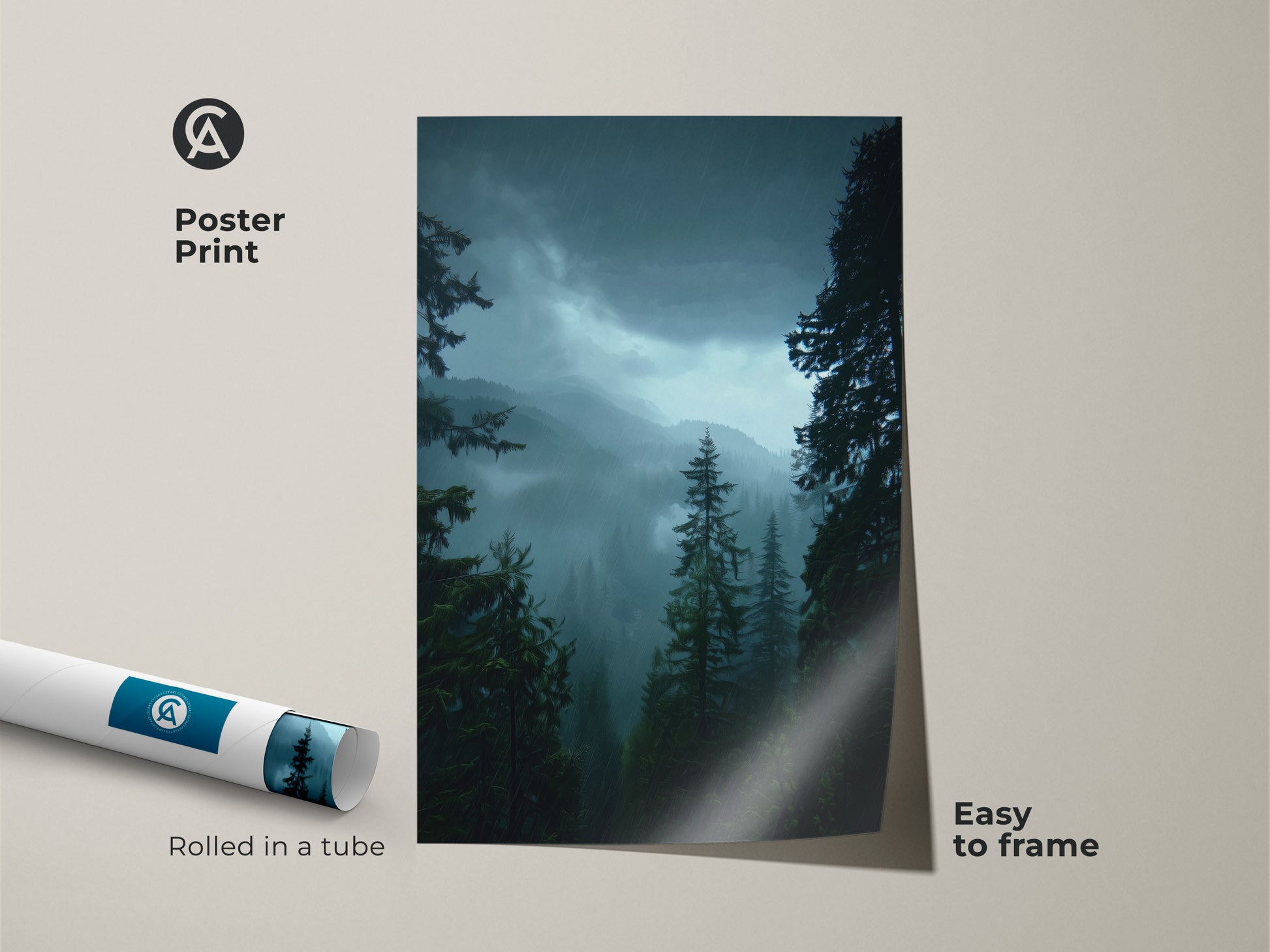 Poster print of a moody forest artwork rolled in a tube. This pine tree landscape print is easy to frame. Showcasing deep green nature art it brings a touch of the outdoors inside. Ideal for nature lovers seeking tranquil wall decor.
