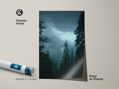Poster print of a moody forest artwork rolled in a tube. This pine tree landscape print is easy to frame. Showcasing deep green nature art it brings a touch of the outdoors inside. Ideal for nature lovers seeking tranquil wall decor.