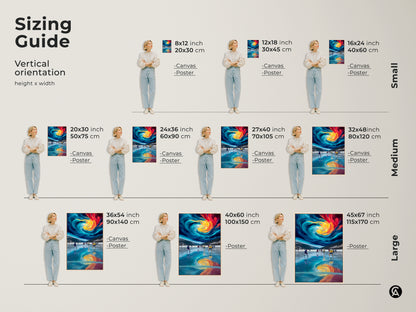A vertical sizing guide shows abstract hockey artwork. It displays canvas and poster prints in sizes from small to large. Dimensions range from 8x12 to 45x67 inches. Perfect modern sports wall decor to enhance your home gym office or living space. Choose the ideal size for your unique hockey gift.
