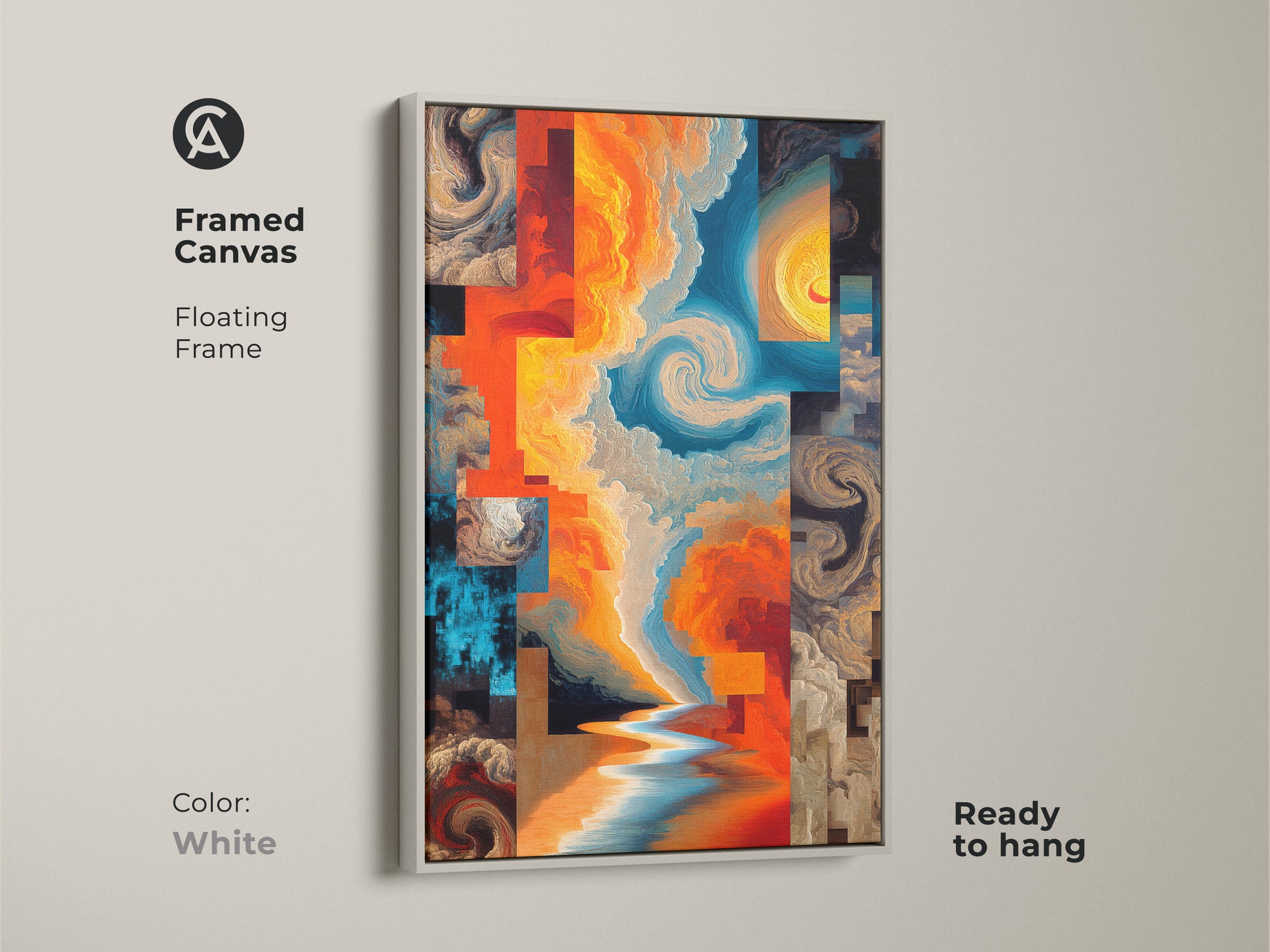 White Framed Canvas Print featuring swirling clouds and water. Orange yellow and blue create a captivating abstract scene. This artwork is perfect for adding a modern eclectic touch. It is ready to hang in your home.