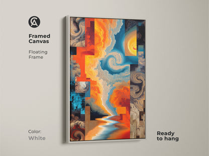 White Framed Canvas Print featuring swirling clouds and water. Orange yellow and blue create a captivating abstract scene. This artwork is perfect for adding a modern eclectic touch. It is ready to hang in your home.