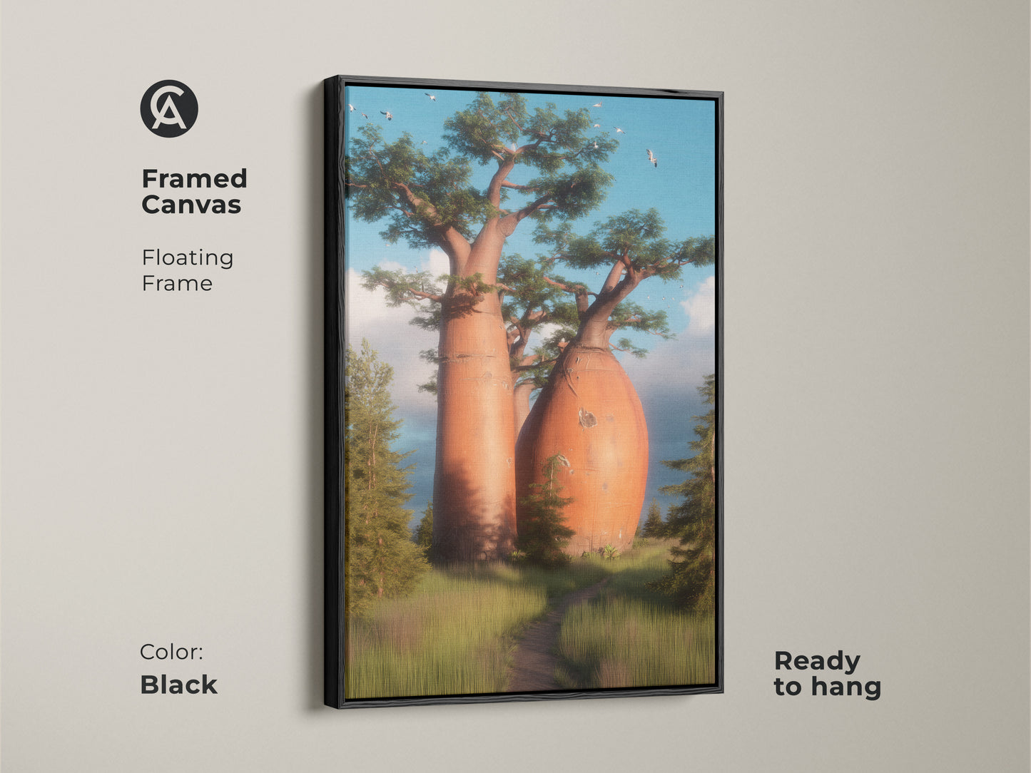 Framed canvas showcasing an exotic tree canvas. The floating frame enhances this fine art print of nature. Black framed wall art adds a touch of elegance. This scenic view canvas brings the beauty of nature indoors ready to hang.