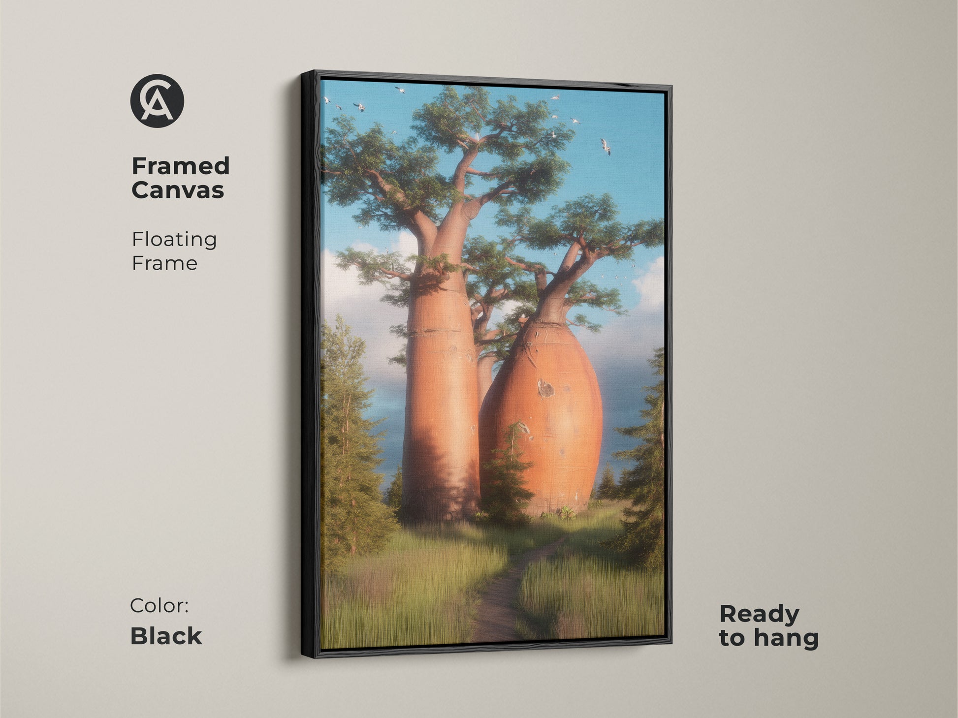 Framed canvas showcasing an exotic tree canvas. The floating frame enhances this fine art print of nature. Black framed wall art adds a touch of elegance. This scenic view canvas brings the beauty of nature indoors ready to hang.