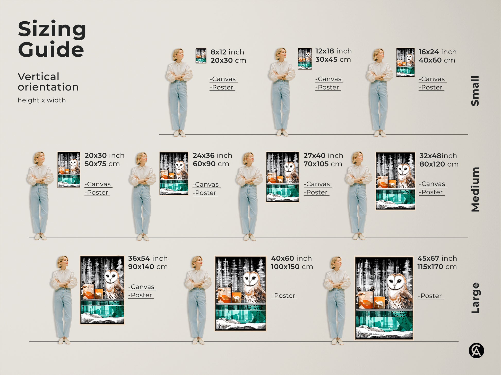 Sizing guide for vertical woodland canvas prints. Visualize barn owl and deer art in various sizes from small to large. It will enhance your Scandinavian nature themed home office woodland decor.