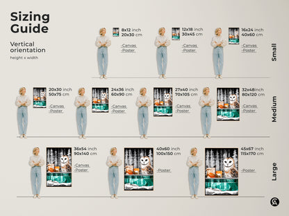 Sizing guide for vertical woodland canvas prints. Visualize barn owl and deer art in various sizes from small to large. It will enhance your Scandinavian nature themed home office woodland decor.