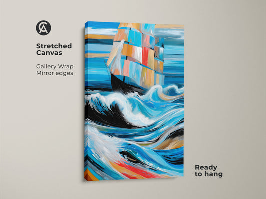 This abstract sailing ship canvas print showcases coastal ocean waves. It is nautical themed wall art. The impressionistic blue aqua art depicts a sailboat on stormy seas. A perfect maritime abstract canvas.