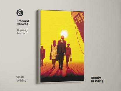 Antique Gold framed canvas with a floating frame featuring retro people. They are walking towards a ship at sunset. The artwork uses a contemporary style with a bold yellow red and orange palette. It's ready to hang.