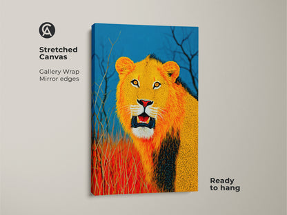 A Stretched Canvas featuring Lion King artwork. It has a gallery wrap with mirror edges and is ready to hang. The African Lion Wall Art features golden yellow hues and deep blue accents. A unique piece of wildlife art perfect for eclectic home decor.