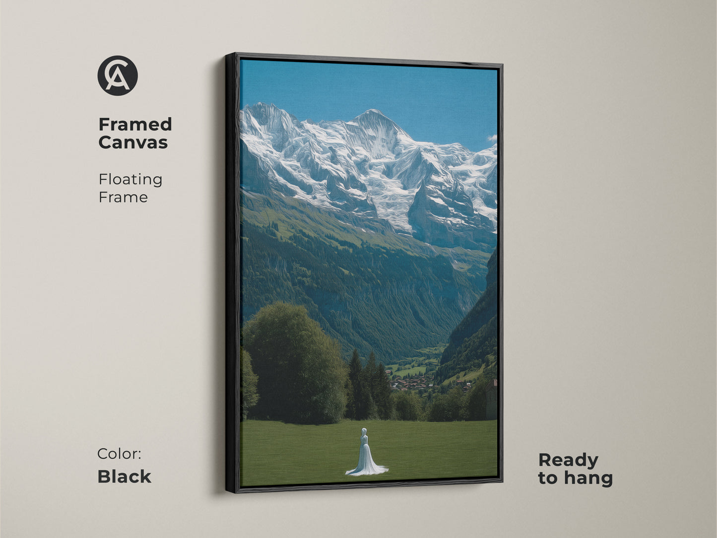 Enhance your home with this framed canvas art of the Swiss Alps. A woman in white stands in a green meadow. This photorealistic mountain view includes a floating black frame. Ready to hang for instant elegance. Perfect travel destination wall decor for nature enthusiasts. Its serene alpine landscape brings Scandinavian style. Gift for nature lovers