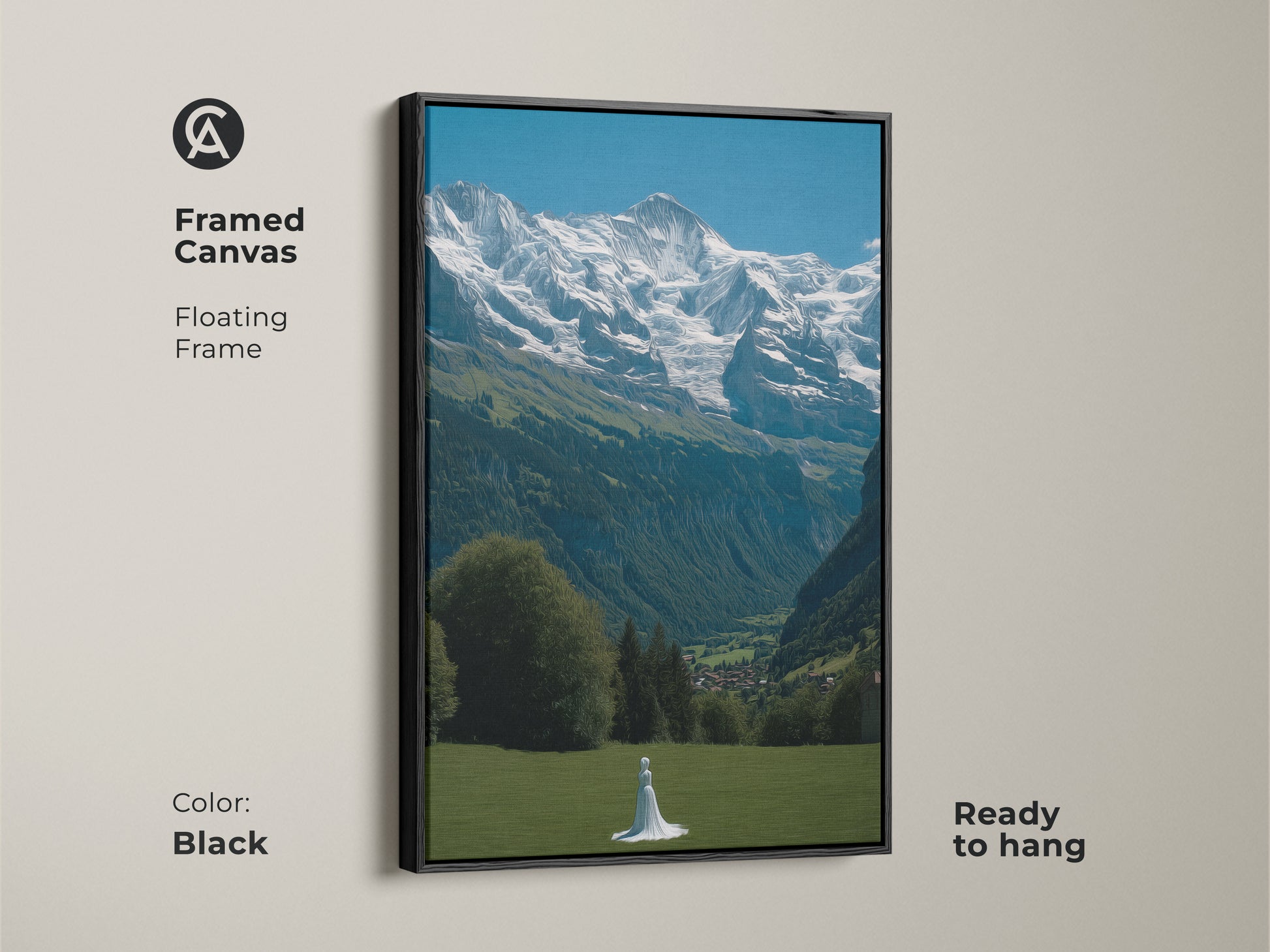 Enhance your home with this framed canvas art of the Swiss Alps. A woman in white stands in a green meadow. This photorealistic mountain view includes a floating black frame. Ready to hang for instant elegance. Perfect travel destination wall decor for nature enthusiasts. Its serene alpine landscape brings Scandinavian style. Gift for nature lovers