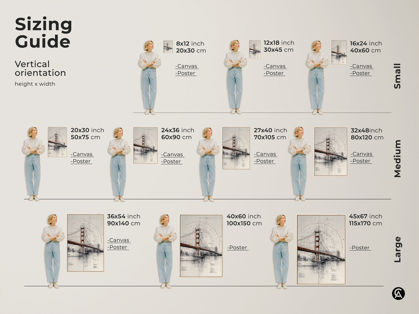 Sizing guide for vertical Golden Gate Bridge blueprint art. Available as canvas or poster in sizes from small to large. Find the perfect fit for your space. This architectural technical drawing is ideal for office wall art.
