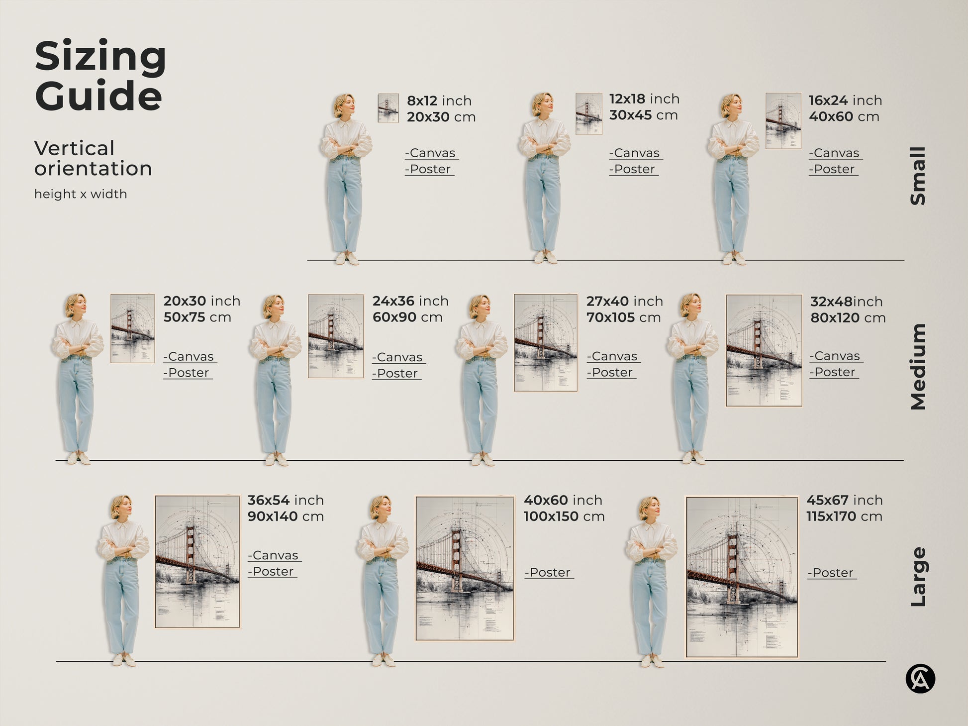 Sizing guide for vertical Golden Gate Bridge blueprint art. Available as canvas or poster in sizes from small to large. Find the perfect fit for your space. This architectural technical drawing is ideal for office wall art.