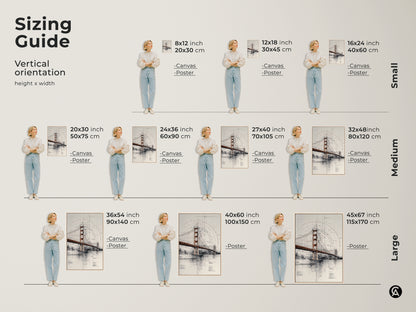 Sizing guide for vertical Golden Gate Bridge blueprint art. Available as canvas or poster in sizes from small to large. Find the perfect fit for your space. This architectural technical drawing is ideal for office wall art.