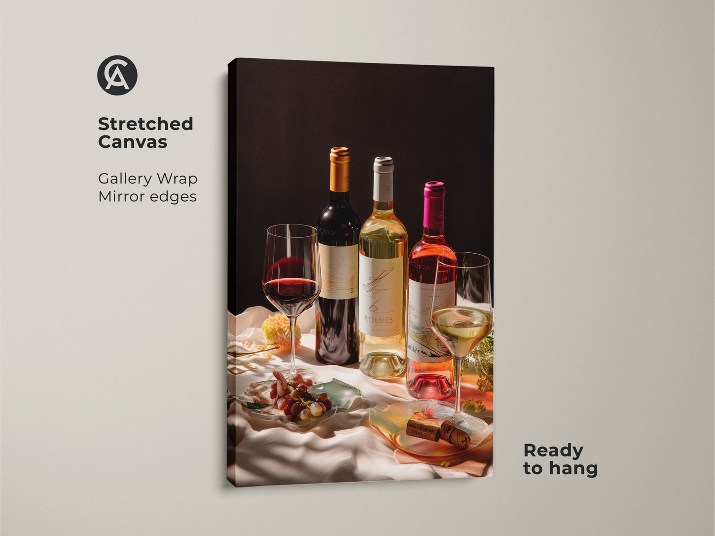 This stretched canvas shows photorealistic wine bottles and glasses. The gallery wrap has mirror edges. The red cream and gold colors enrich any room. Perfect wine lover gift art for contemporary bar decor. Ready to hang and enjoy in your dining room. A perfect housewarming gift.