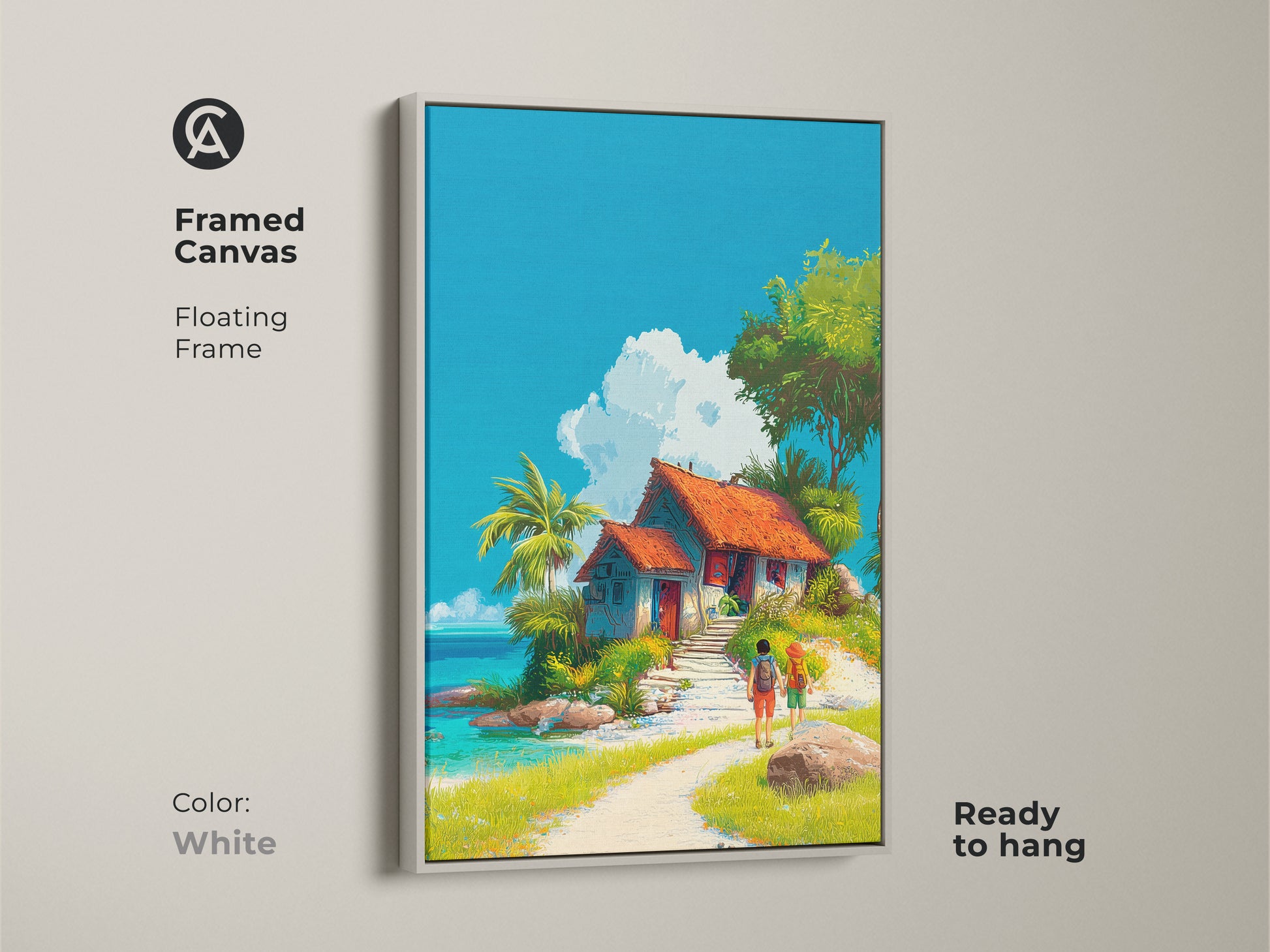 Framed canvas art in a white floating frame. This artwork features a tropical beach house scene with bright colors. Ready to hang. The palm trees and blue sky create a serene atmosphere. Add this framed artwork to your home today.