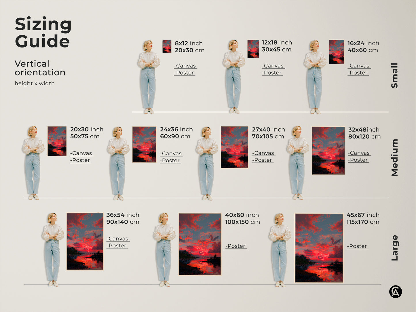 Visualize the sizing guide for this Crimson Sunset canvas art. Available in various vertical orientations from small to large. See how the red sky landscape print fits in different spaces. Perfect contemporary nature wall decor for any room. Find the ideal housewarming gift size.