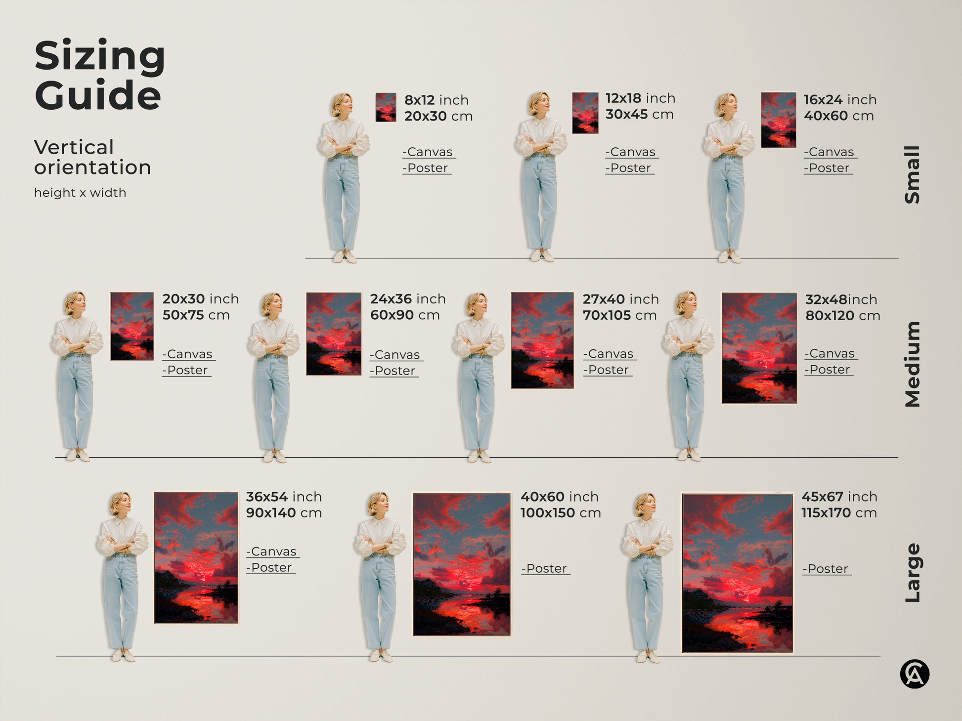 Visualize the sizing guide for this Crimson Sunset canvas art. Available in various vertical orientations from small to large. See how the red sky landscape print fits in different spaces. Perfect contemporary nature wall decor for any room. Find the ideal housewarming gift size.