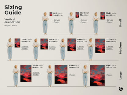 Visualize the sizing guide for this Crimson Sunset canvas art. Available in various vertical orientations from small to large. See how the red sky landscape print fits in different spaces. Perfect contemporary nature wall decor for any room. Find the ideal housewarming gift size.