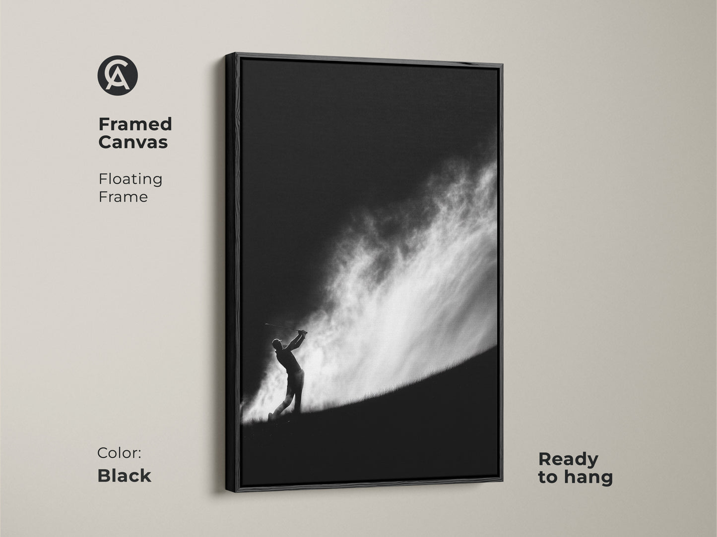 Framed canvas art print featuring a golfer in black and white. This floating frame adds elegance to the artwork. The ready-to-hang piece is perfect for golf enthusiasts. This framed canvas comes in Black color.