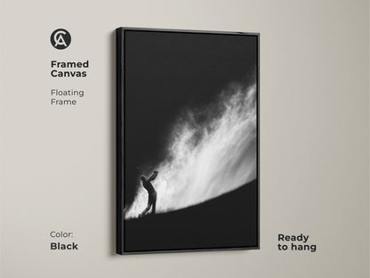 Framed canvas art print featuring a golfer in black and white. This floating frame adds elegance to the artwork. The ready-to-hang piece is perfect for golf enthusiasts. This framed canvas comes in Black color.