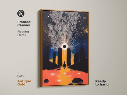 Framed canvas of Tree of Life & Eye artwork with an antique gold floating frame. The cosmic night sky canvas is ready to hang. Dark blue and gold artwork makes for unique wall art. Add a touch of mystical fantasy to any space with this spiritual eye print. Perfect for unique wall hanging.