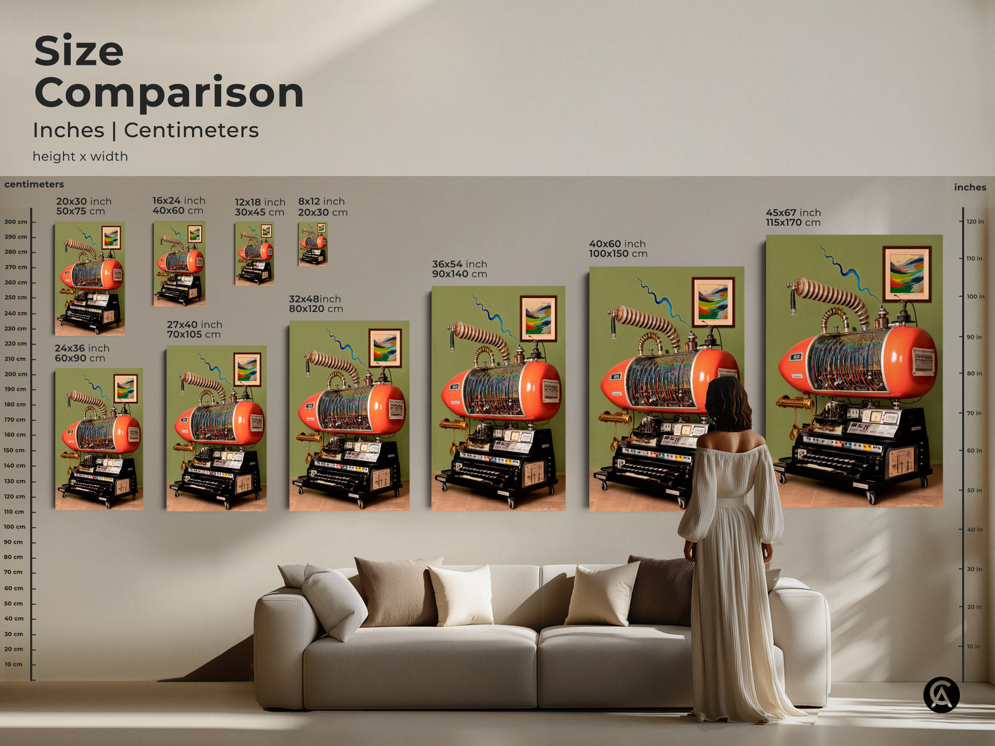 Size comparison of steampunk invention art print options. Retrofuturism machine canvas sizes in inches and centimeters. Abstract gears artwork for unique office decor or man cave wall hanging. Find the perfect size now.