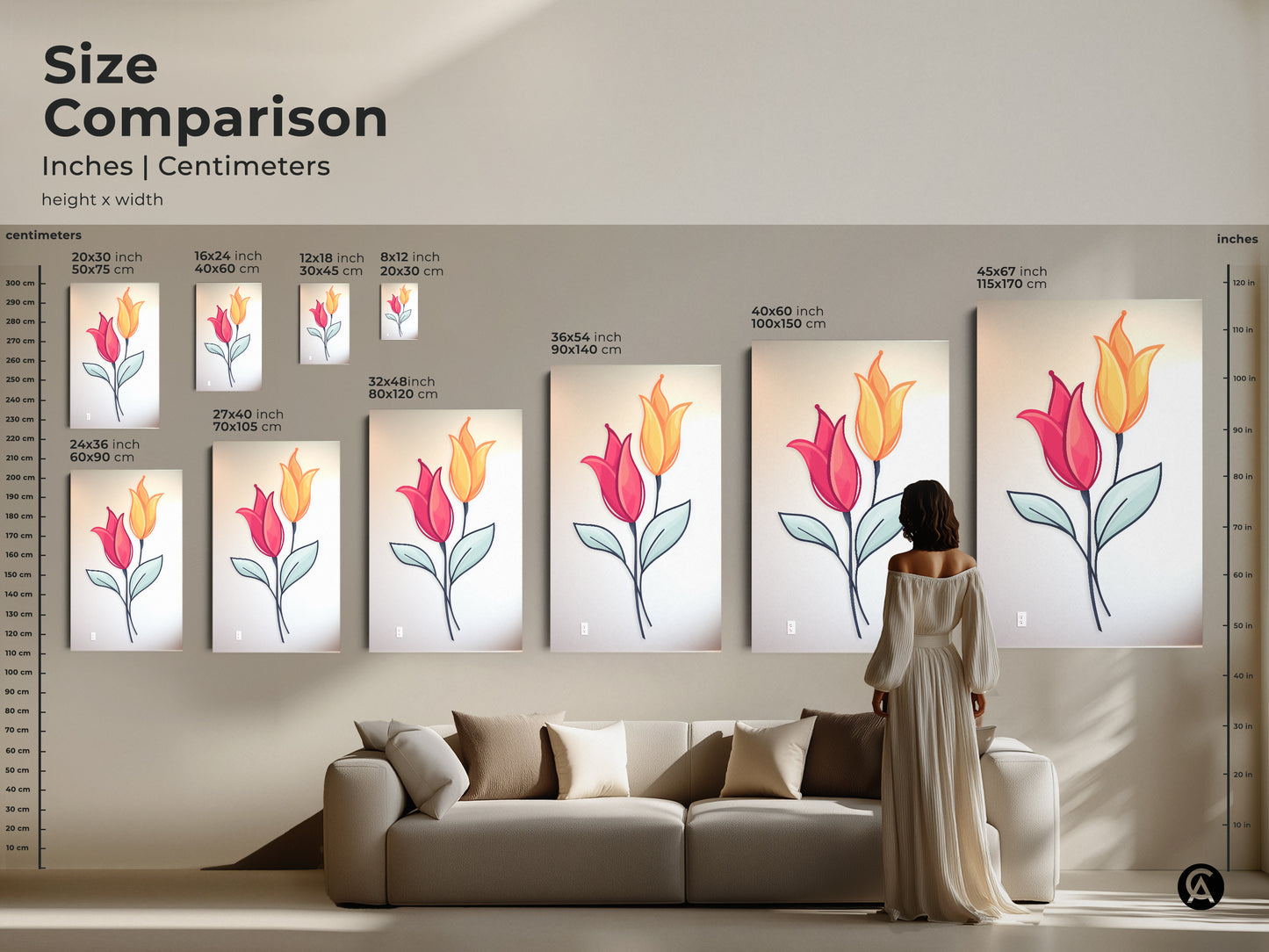 Compare sizes of pink and yellow tulip artwork in inches and centimeters. The botanical canvas and poster prints range from small to large. See how the Scandinavian wall art fits above a sofa. Find the perfect scale for your modern folk art decor.