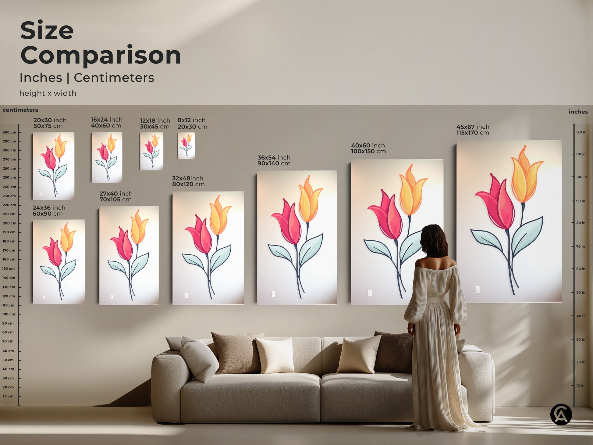 Compare sizes of pink and yellow tulip artwork in inches and centimeters. The botanical canvas and poster prints range from small to large. See how the Scandinavian wall art fits above a sofa. Find the perfect scale for your modern folk art decor.