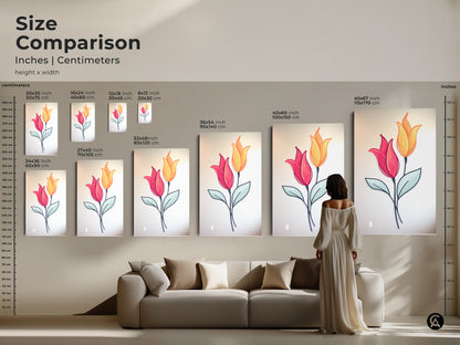 Compare sizes of pink and yellow tulip artwork in inches and centimeters. The botanical canvas and poster prints range from small to large. See how the Scandinavian wall art fits above a sofa. Find the perfect scale for your modern folk art decor.