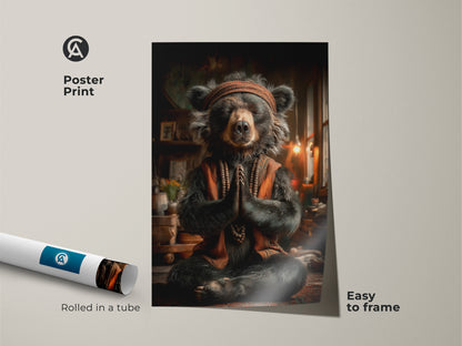 Poster Print of a meditating bear. It is a boho animal print. The poster is rolled in a tube. It's easy to frame. Ideal as spiritual yoga gift. Dark brown canvas art and orange nature decor.