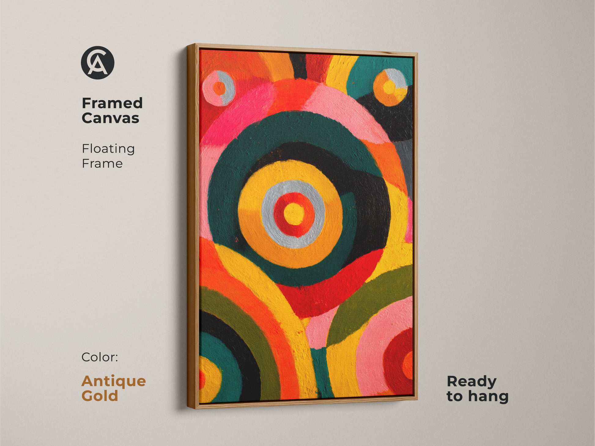 Framed canvas featuring abstract circles artwork with an antique gold floating frame. Ready to hang geometric art print. The orange yellow pink hues of this modern eclectic artwork makes it great bedroom wall decor. This art is ideal for art lovers.