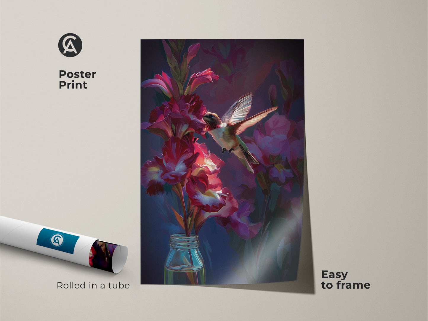 Poster print of impressionistic hummingbird artwork rolled in a tube. Crimson gladiolus flowers surround the bird. This artistic botanical print is easy to frame and makes a great gift for bird enthusiasts.