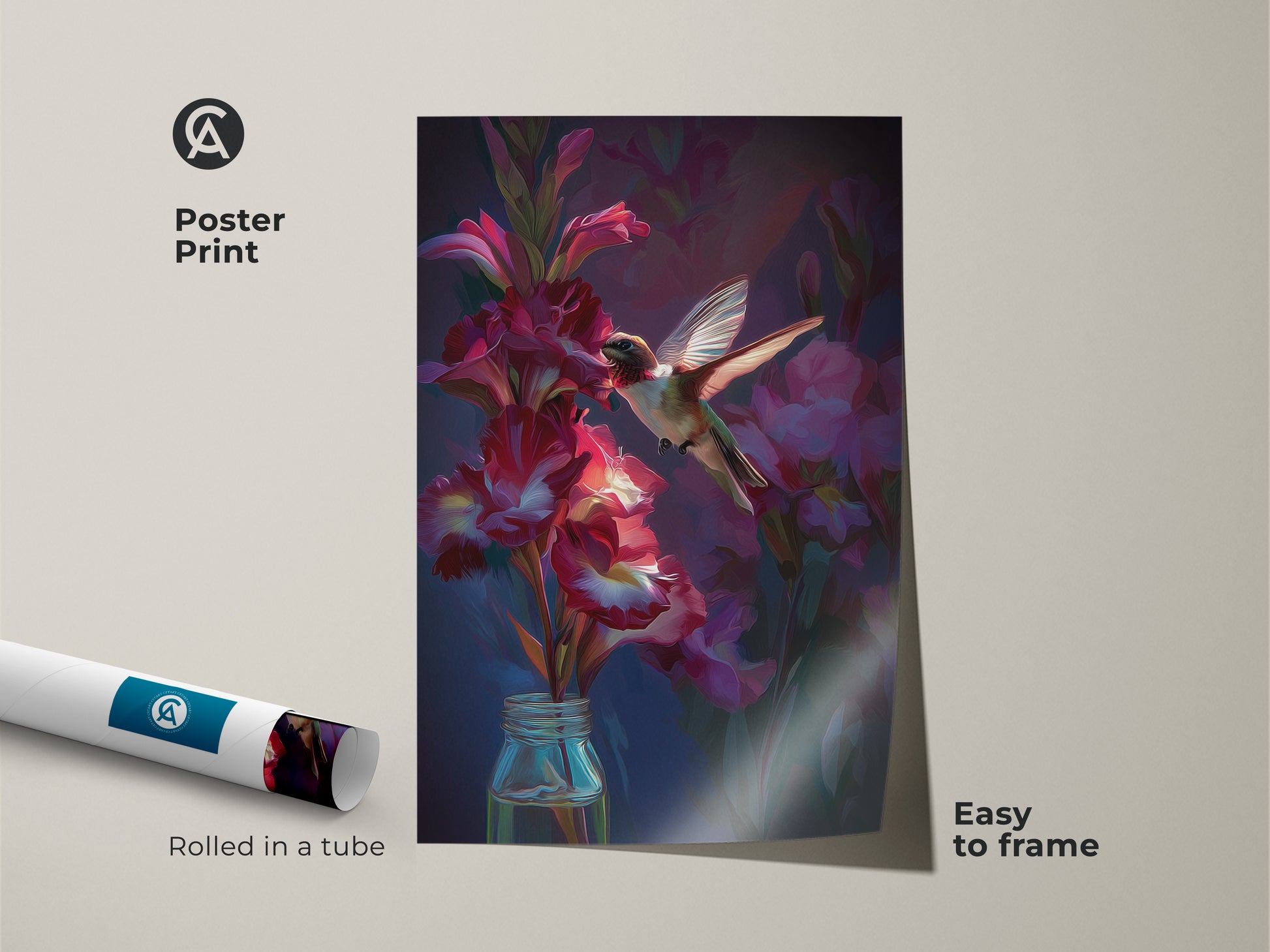 Poster print of impressionistic hummingbird artwork rolled in a tube. Crimson gladiolus flowers surround the bird. This artistic botanical print is easy to frame and makes a great gift for bird enthusiasts.