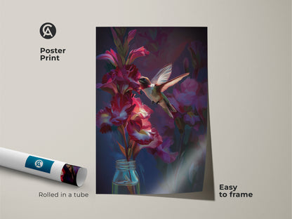 Poster print of impressionistic hummingbird artwork rolled in a tube. Crimson gladiolus flowers surround the bird. This artistic botanical print is easy to frame and makes a great gift for bird enthusiasts.