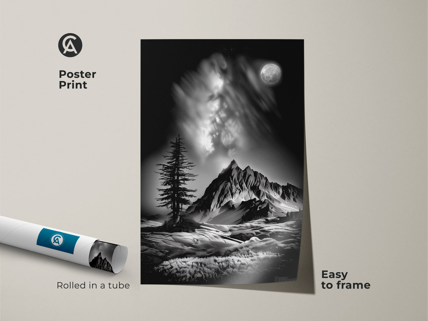 Monochrome mountain art is rolled in a tube for easy framing. The black and white landscape print features a moonlit pine tree. This poster print adds nature wall art decor to any space.