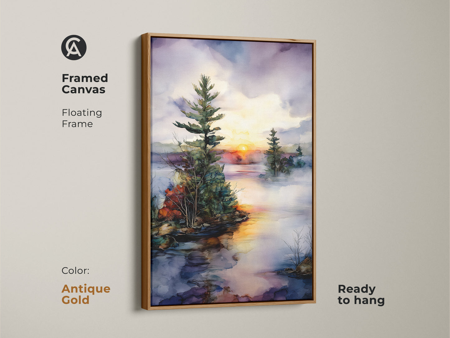 Antique gold framed canvas art showing a watercolor pine tree on a misty lake at sunset. The orange yellow art adds warmth to any room. Perfect as a housewarming gift nature inspired.