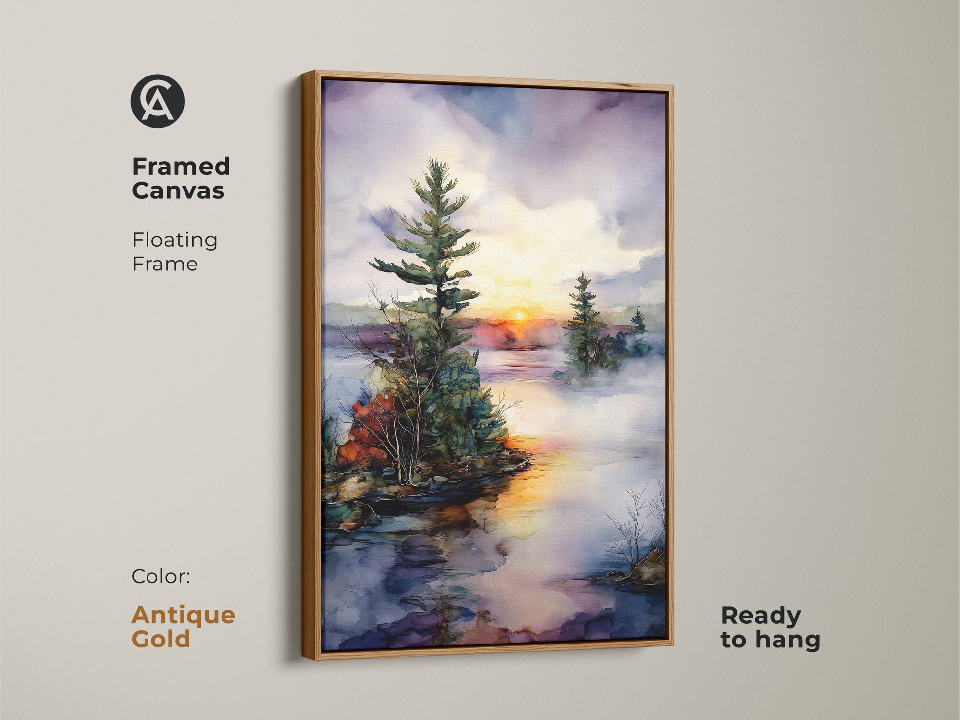 Antique gold framed canvas art showing a watercolor pine tree on a misty lake at sunset. The orange yellow art adds warmth to any room. Perfect as a housewarming gift nature inspired.