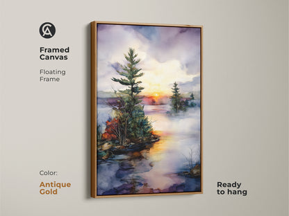 Antique gold framed canvas art showing a watercolor pine tree on a misty lake at sunset. The orange yellow art adds warmth to any room. Perfect as a housewarming gift nature inspired.