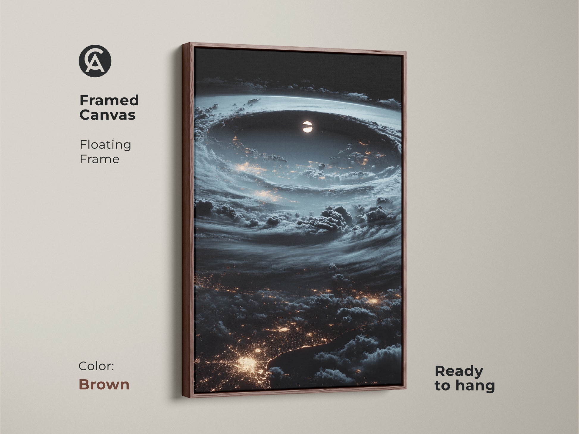 Framed canvas showing Earth's city lights from space. Brown floating frame complements the gray and blue tones. Ready to hang and adds a touch of cosmic beauty. This surreal storm artwork is perfect for any room. A unique gift for stargazers and astronomy fans.