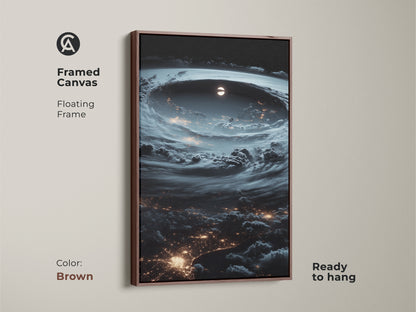 Framed canvas showing Earth's city lights from space. Brown floating frame complements the gray and blue tones. Ready to hang and adds a touch of cosmic beauty. This surreal storm artwork is perfect for any room. A unique gift for stargazers and astronomy fans.