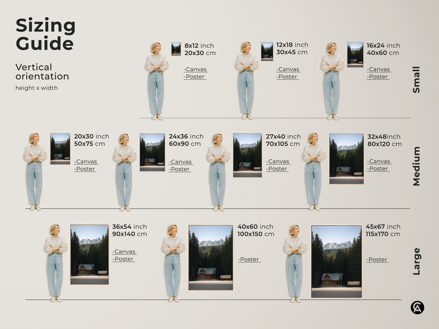 Sizing guide for vertical orientation log cabin artwork. Available in small medium and large canvas or poster prints. Transform your space with this rustic nature decor to create a cozy cabin atmosphere.
