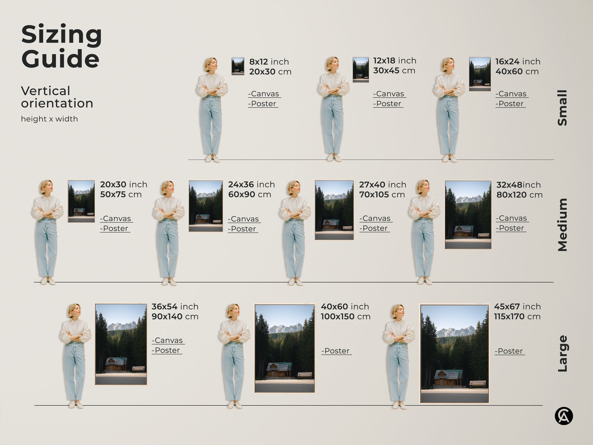 Sizing guide for vertical orientation log cabin artwork. Available in small medium and large canvas or poster prints. Transform your space with this rustic nature decor to create a cozy cabin atmosphere.