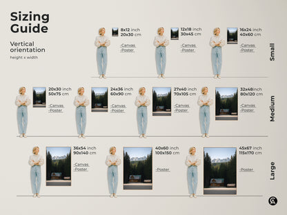 Sizing guide for vertical orientation log cabin artwork. Available in small medium and large canvas or poster prints. Transform your space with this rustic nature decor to create a cozy cabin atmosphere.