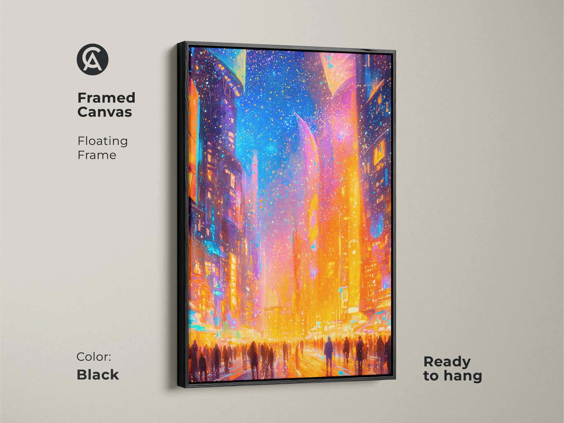 Framed canvas artwork in a black floating frame. It features a vibrant cityscape with a crowd of people. This ready to hang art print adds a modern touch to your home decor. The black frame complements the artwork perfectly.