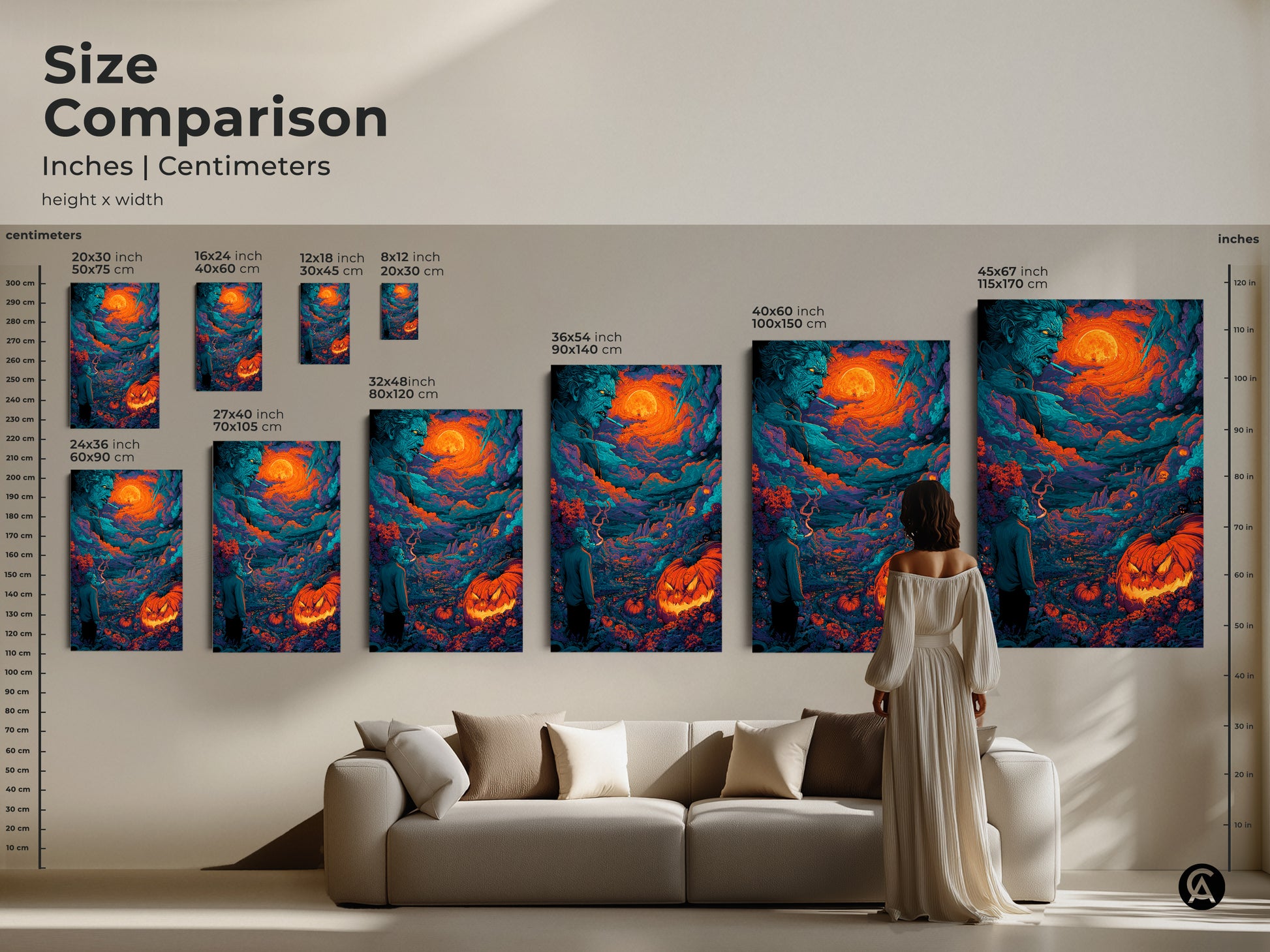 Compare sizes of Halloween artwork in inches and centimeters. View the spooky zombie and jack-o-lantern artwork in various dimensions. This art is available in canvas and poster formats. Find the perfect size to complement your home decor.
