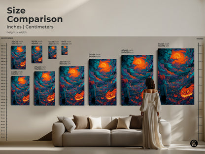 Compare sizes of Halloween artwork in inches and centimeters. View the spooky zombie and jack-o-lantern artwork in various dimensions. This art is available in canvas and poster formats. Find the perfect size to complement your home decor.