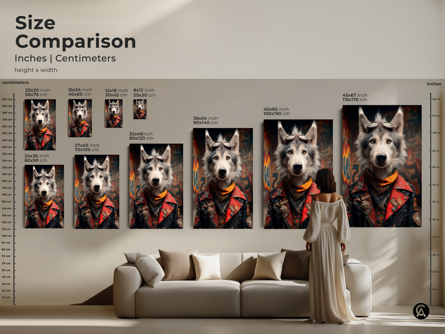 Compare sizes with this Biker Wolf art. See how the wolf in biker jacket art looks in different dimensions. This street art wolf poster is available in various sizes. Find the ideal fit for your space whether it's a canvas print or poster this unique biker poster is sure to impress